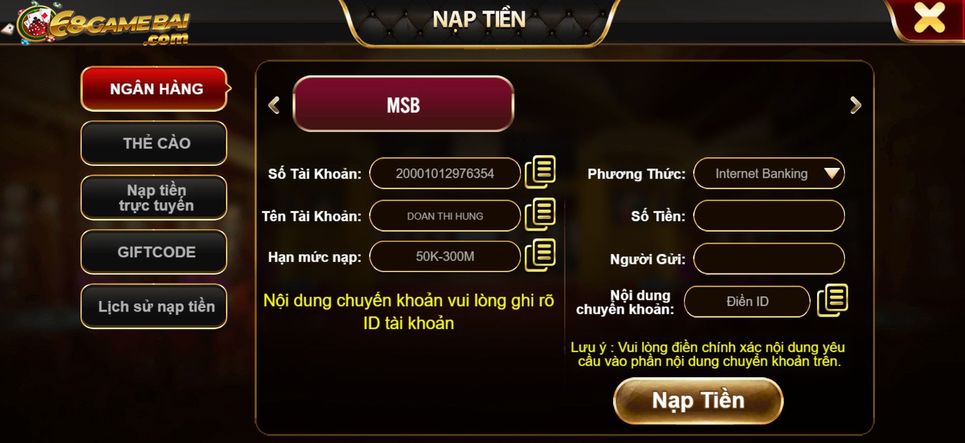 Chú ý các cách nạp tiền vào tài khoản để trải nghiệm game