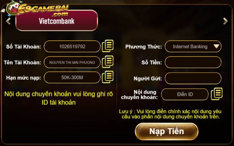 Nạp tiền qua ngân hàng tại 68 game bài