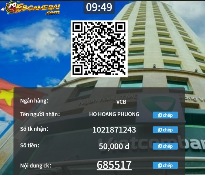 Nạp tiền qua QR code tại 68gamebai