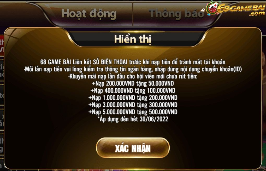 Khuyến mãi nạp lần đầu cho tân thủ tham gia 68 game bài