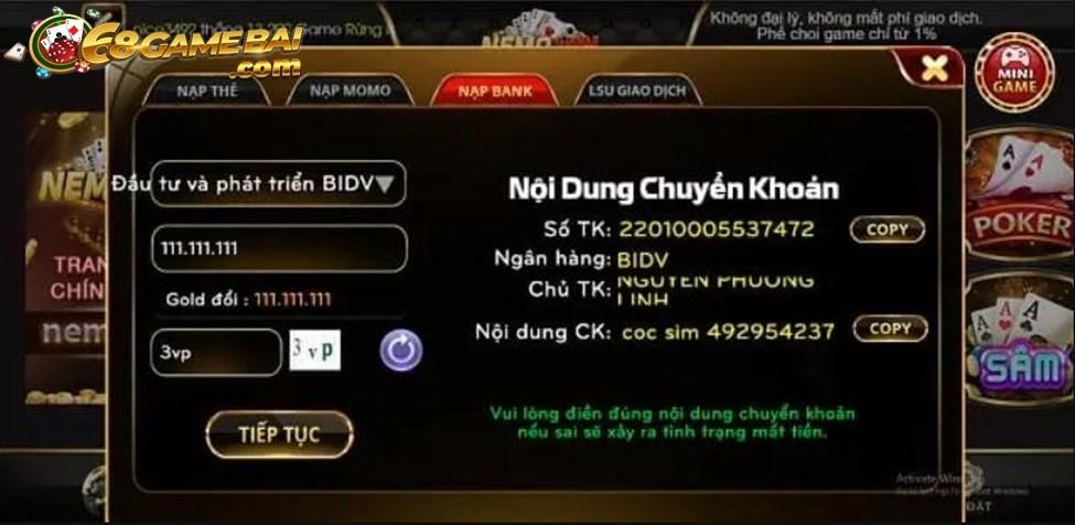 Hướng dẫn nạp tiền Nemo Vin cực dễ