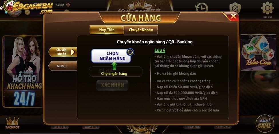 Hướng dẫn nạp tiền vào tài khoản Kugame88