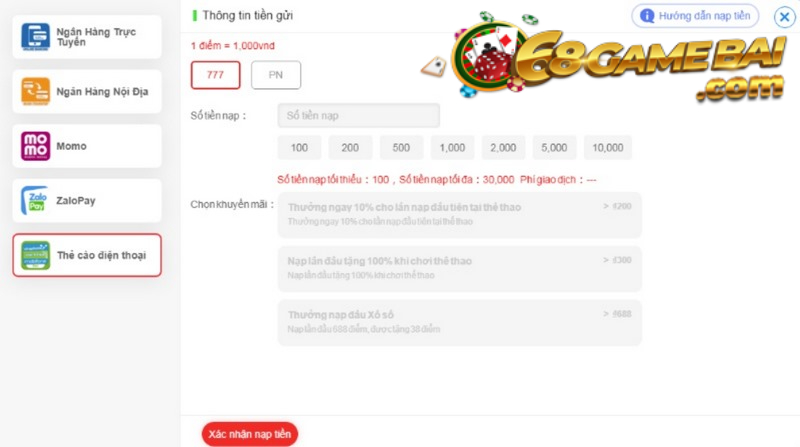 Nạp tiền Gi8 qua thẻ cào