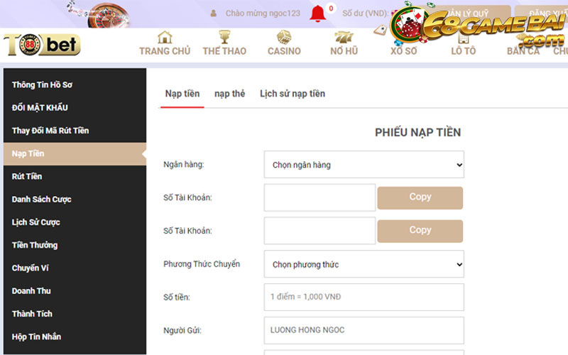 Nạp rút tiền từ Tobet88 thông qua hướng dẫn chi tiết