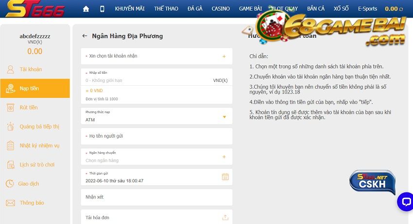 Gửi tiền vào tài khoản ST666 bằng tài khoản ngân hàng